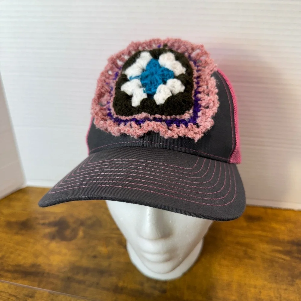 Custom Handmade Crochet Granny Square‎ Upcycled Hat Cap Pink Gray Boho Unique